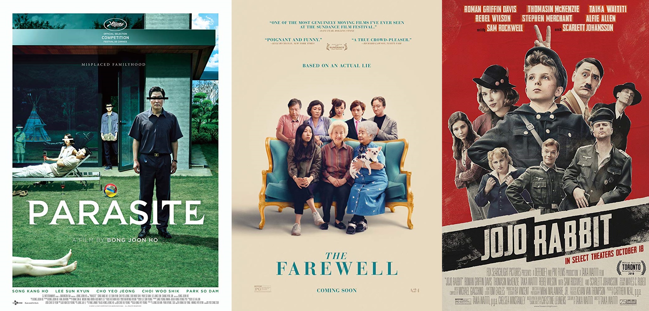 posters de parasite, the farewell y jojo rabbit